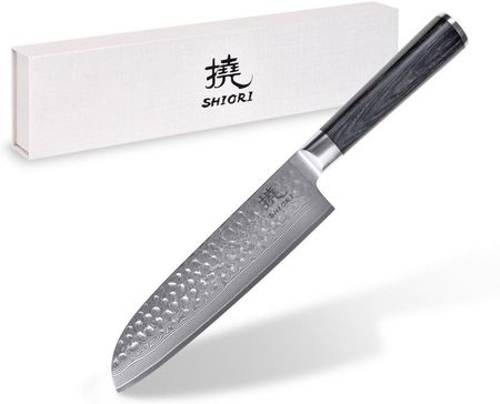 Shiori Duży, idealnie wywarzony nóż Chairo Santoku stal damasceńska, rękojeść drewno pakka