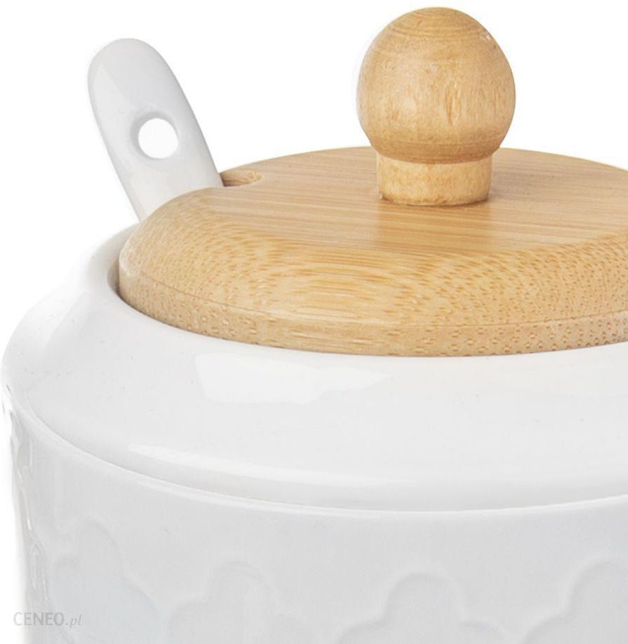 Porcelanowa cukierniczka z łyżeczką, pokrywką bambusową, cukiernica, pojemnik na cukier, WHITELINE, 11,5 cm