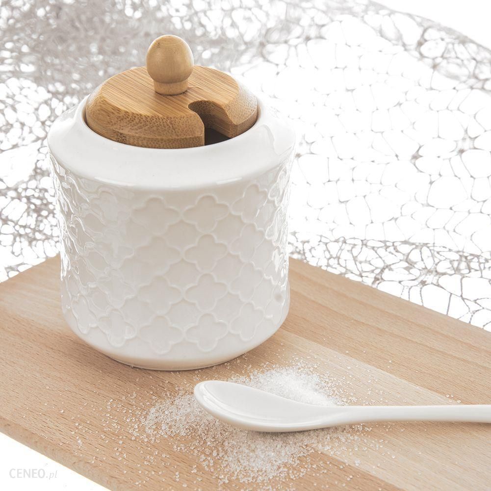 Porcelanowa cukierniczka z łyżeczką, pokrywką bambusową, cukiernica, pojemnik na cukier, WHITELINE, 11,5 cm