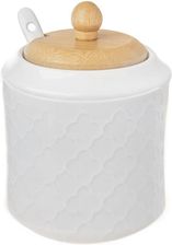 Porcelanowa cukierniczka z łyżeczką, pokrywką bambusową, cukiernica, pojemnik na cukier, WHITELINE, 11,5 cm - Cukiernice i mleczniki
