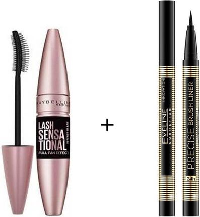 ZESTAW Eveline Cosmetics Eyeliner w pisaku Precise Brush Liner 24h + Maybelline Lash Sensational Intense Black Tusz do rzęs