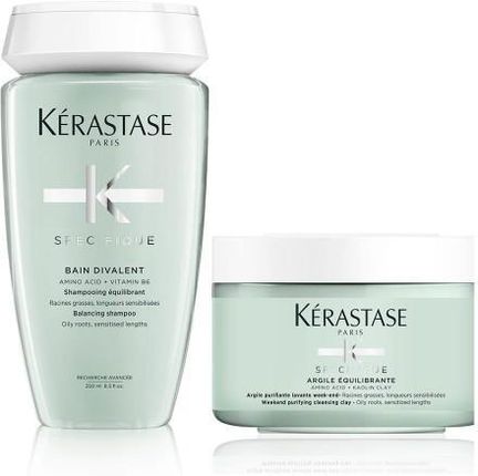 Kérastase Spécifique zestaw oczyszczający do włosów tłustych u nasady | szampon Bain Divalent, glinka myjąca Argile Équilibrante