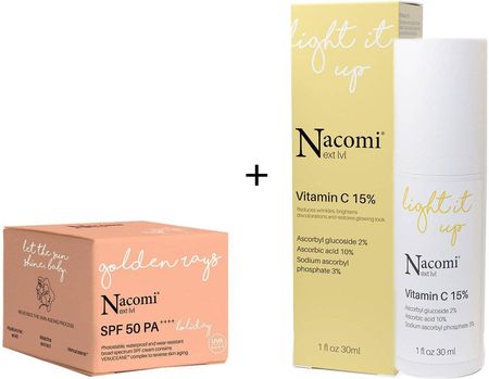 ZESTAW Nacomi Next Level Serum do twarzy Vitamina C 15% + Next Level Holiday przeciwstarzeniowy krem do twarzy SPF50 50 ml