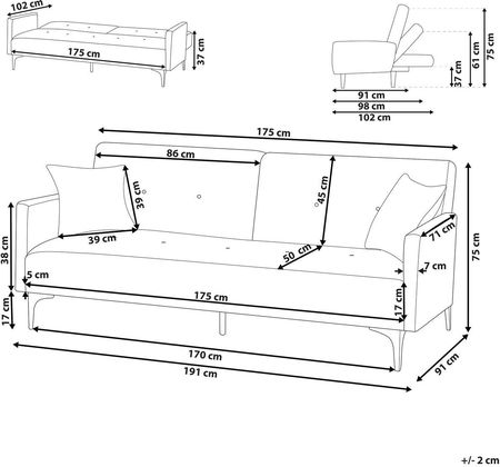 Beliani Sofa Rozkładana 3 Osobowa Zielona Welurowa Pikowana Z Poduszkami Metalowe Nogi Nowoczesna Do Salonu 289573 - zdjęcie 4