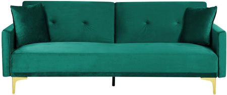 Beliani Sofa Rozkładana 3 Osobowa Zielona Welurowa Pikowana Z Poduszkami Metalowe Nogi Nowoczesna Do Salonu 289573