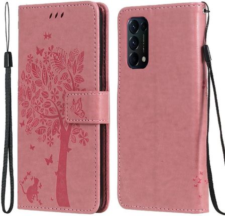 Etui Wallet do Oppo Reno5 5G, Tree and Cat, Pink