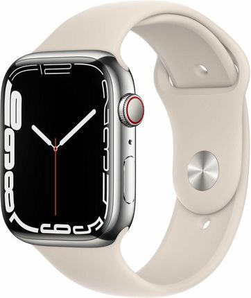 Apple Watch Series 7 GPS+ Cellular 45mm ze stali nierdzewnej w kolorze srebrnym z paskiem sportowym w kolorze księżycowej poświaty (MKJV3WB/A)