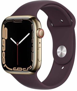 Apple Watch Series 7 Cellular Koperta 45 mm ze stali nierdzewnej w kolorze złotym z paskiem sportowym w kolorze ciemnej wiśni (MKJX3WB/A)