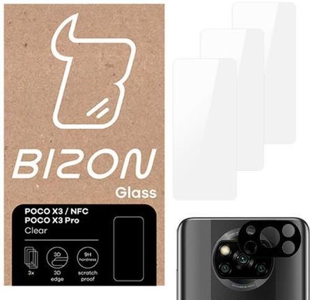 Bizon Szkło hartowane Glass Clear - 3 szt. + obiektyw, Xiaomi Poco X3/ NFC/ Pro