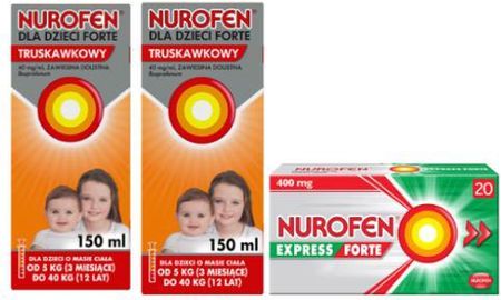 Zestaw Nurofen dla dzieci Forte truskawkowy, 2x 150ml + Nurofen Express Forte, 20 kapsułek