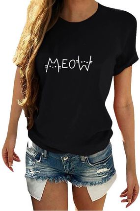 Koszulka T-Shirt Damski z krótkim rękawem nadruk napis MIOW T-shirt damski z nadrukiem Miś