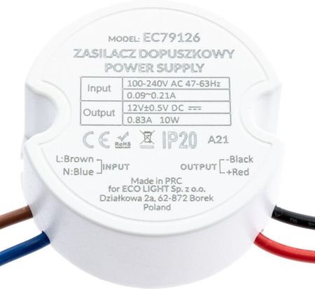 Eco Light Zasilacz LED do puszki 15W 12V IP20 1,25A EC79851