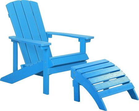 Beliani Krzesło imitacja drewna ogrodowe na ganek z podłokietnikami i podnóżkiem niebieskie Adirondack