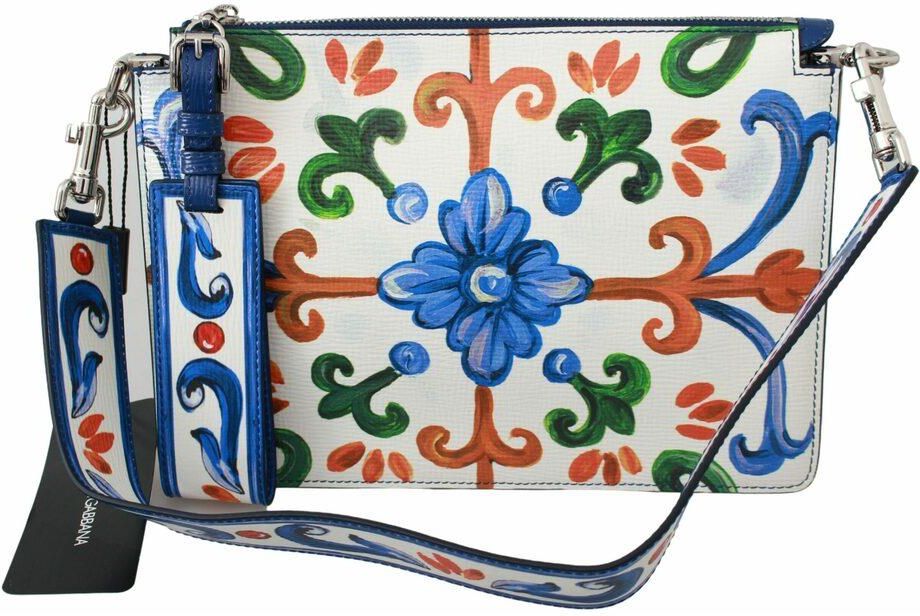 Dolce and Gabbana White Majolica Print Leather Cleo Shoulder Bag