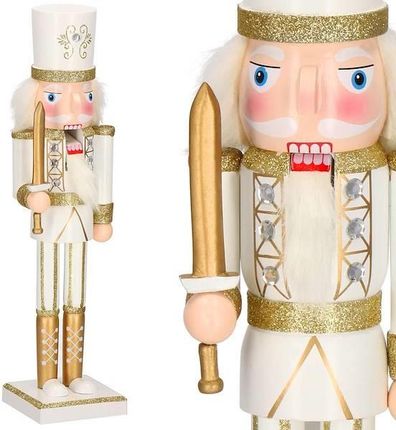 Dziadek do orzechów 38 cm z mieczem, drewniany żołnierzyk kremowo-złoty, figurka świąteczna