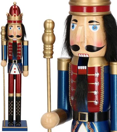 Springos Dziadek do orzechów 90cm z berłem drewniany żołnierzyk niebiesko-czerwony XL figurka świąteczna