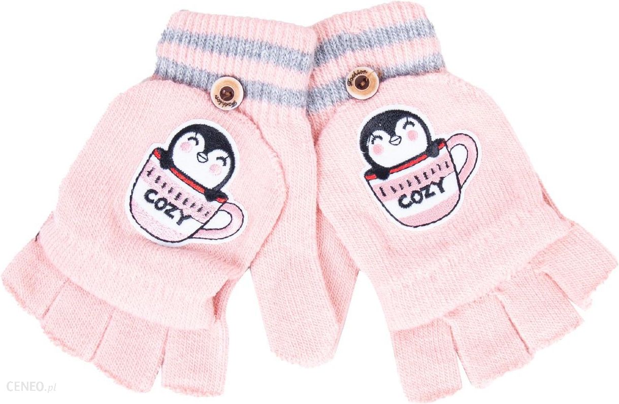 Rękawiczki dziecięce mitenki z odpinaną klapką różowe z pingwinkiem : Rozmiar - 16
