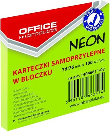 Office Products Notes Samoprzylepny Office 76Mm 76Mm 100 Kartek Neon Zielony 14046611-02