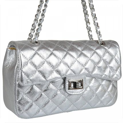 Borse In Pelle Śliczna Srebrna Skórzana Torebka Pikowana Rozmiar L 469