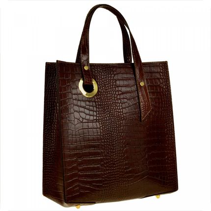 Borse In Pelle Vezze Torebka Shopper Skórzana Koniak Brąz Z Kosmetyczką Aligator 1253