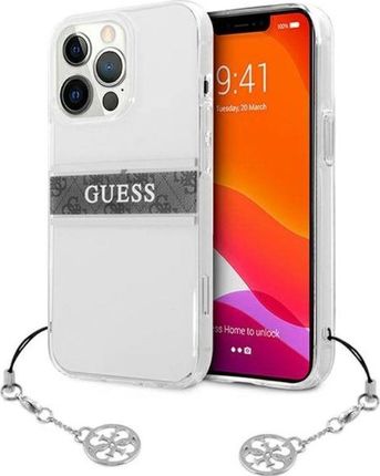 Guess Etui GUHCP13LKB4GGR Apple iPhone 13 Pro Transparent hardcase 4G Grey Strap Charm
