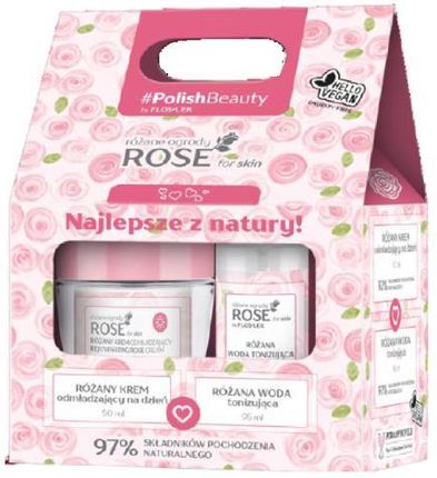 FLOS-LEK Zestaw Rose For Skin: Różana woda tonizująca, 95ml + Różany krem odmładzający na dzień, 50ml