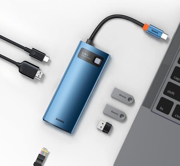 Baseus Metal Gleam Series 6-in-1 | Adapter HUB USB-C - HDMI 4K 3x USB3.0 USB-C RJ45 PD 100W - zdjęcie 7 Baseus Metal Gleam Series 6-in-1 | Adapter HUB USB-C - HDMI 4K 3x USB3.0 USB-C RJ45 PD 100W