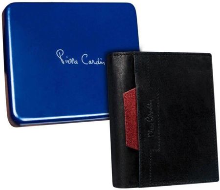 Skórzany portfel męski pionowy z czerwonym akcentem