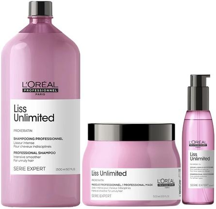 L'Oreal Professionnel Loreal Liss Unlimited Zestaw wygładzający do włosów: szampon 1500ml + maska 500ml serum wygładzające 125ml