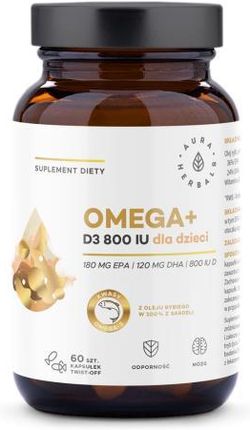 Aura Herbals Omega+ Witamina D3 800IU Dla Dzieci Twist-off kwasy Omega-3 z witaminą D3 60szt