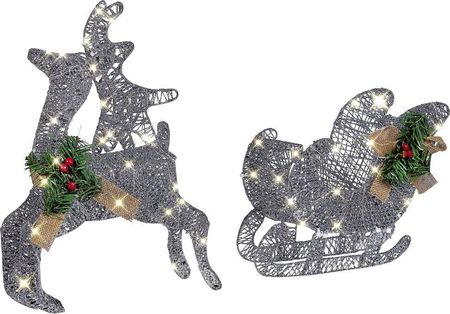 Beliani Ogrodowa ozdoba świąteczna metalowa renifer z saniami lampki LED srebrna Enodak