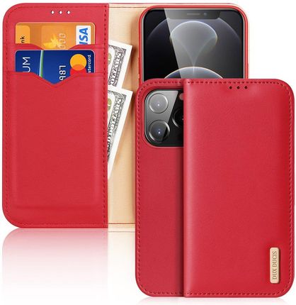 Dux Ducis Hivo skórzane etui z klapką pokrowiec ze skóry naturalnej portfel na karty i dokumenty iPhone 13 Pro czerwony (73984)