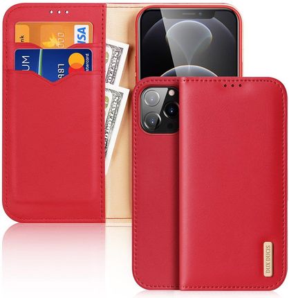 Dux Ducis Hivo skórzane etui z klapką pokrowiec ze skóry naturalnej portfel na karty i dokumenty iPhone 13 Pro Max czerwony (73987)