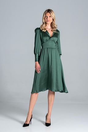 Figl Rozkloszowana Satynowa Sukienka Z Długim Bufiastym Rękawem - Zielona