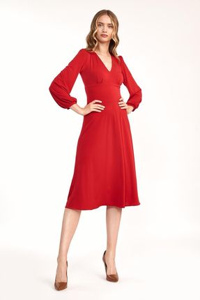 Nife Czerwona Elegancka Midi Sukienka Z Bufiastym Rękawem