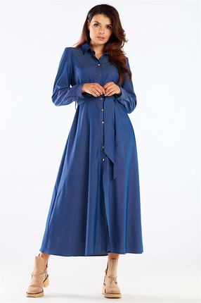 Awama Długa Koszulowa Sukienka Z Paskiem - Niebieska