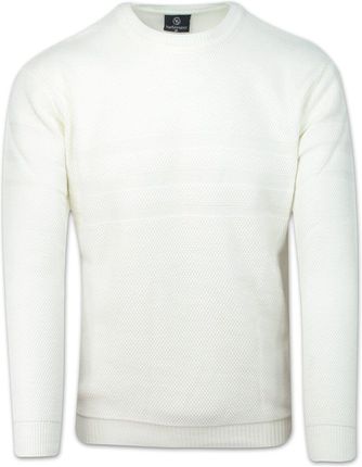 Sweter Wełniany Kremowy W Drobny Tłoczony Wzór Okrągły Dekolt U Neck Męski 