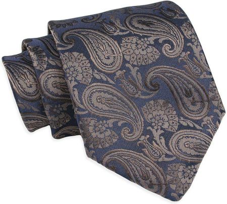 Krawat Klasyczny, Męski, Brązowo-Granatowy, Wzór Paisley, Szeroki 8 cm, Elegancki -CHATTIER KRCH1256
