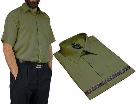 40/41 - L Elegancka koszula męska kolor oliwkowy zielony krótkim rękawem