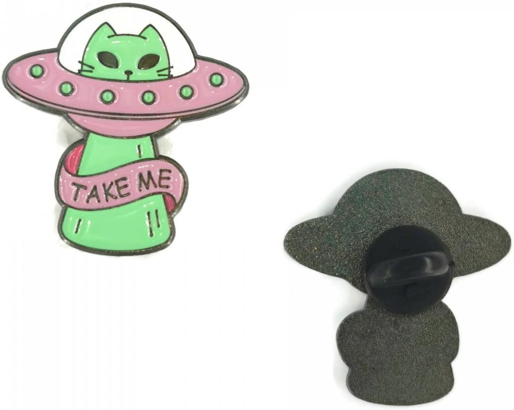 PRZYPINKA RÓŻOWY ZIELONY KOT UFO BUTON METAL PIN 2 - zdjęcie 1 PRZYPINKA RÓŻOWY ZIELONY KOT UFO BUTON METAL PIN 2