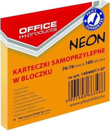 Office Products Notes Samoprzylepny Office 76Mm X 76Mm 100 Kartek Neon Pomarańczowy 14046611-07