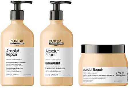 L'Oreal Professionnel Absolut Repair Gold odbudowujący zestaw do włosów zniszczonych szampon 500ml, odżywka 500ml, maska  500ml