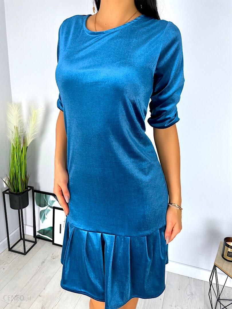 Niebieska Welurowa Sukienka z Falbanką 6901-309-H - Ceny i opinie 
