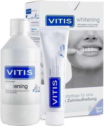VITIS Whitening zestaw 2w1 - pasta do zębów i płyn do płukania o działaniu wybielającym