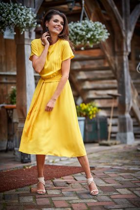 Awama Zwiewna sukienka z ozdobnym paskiem Żółty S