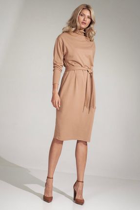 Figl Sukienka z półgolfem i wiązaniem w pasie Beżowy L/XL