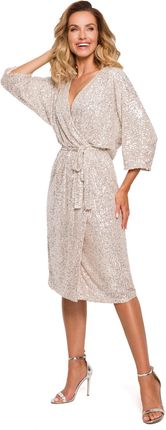 Moe Kopertowa sukienka w cekiny z wiązanym paskiem Beżowy S