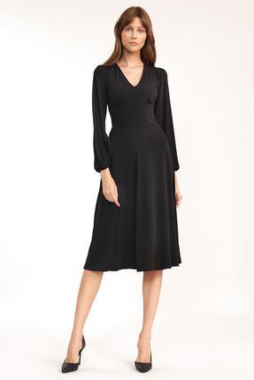 Nife Klasyczna zwiewna sukienka midi z długim rękawem Czarny S