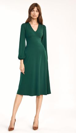 Nife Klasyczna zwiewna sukienka midi z długim rękawem Zielony M