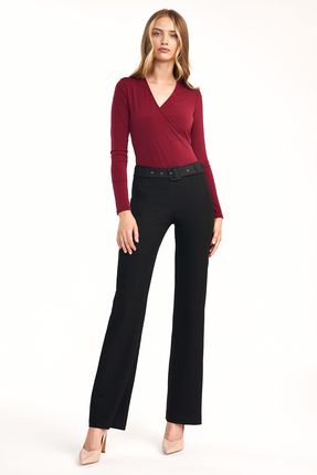 Eleganckie proste spodnie z paskiem (Czarny, L)